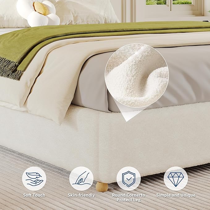 Full Size Cloud Bed Frame，Teddy Fleece Low Bed Frame Without Headboard, Thick Boucle Fabric Upholstered Platform Bed, Solid Wood Legs, No Box Spring Needed, Never Squeak, Easy Assembly, Cream