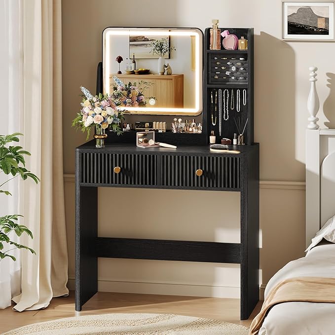 Memobarco Fluted Vanity Desk with Mirror and Lights, Small Makeup Vanity with 2 Drawers and Jewelry Storage Cabinet, 3 Lighting Modes Adjustable Brightness, Dressing Table for Bedroom - Black