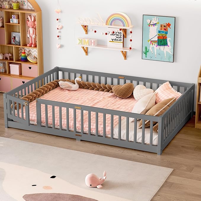 Bellemave Queen Floor Bed with Slats and Door, Queen Size Montessori Floor Bed with Fence and Door, Easy Assemble Montessori Beds Frame for Girls, Boys, Gray