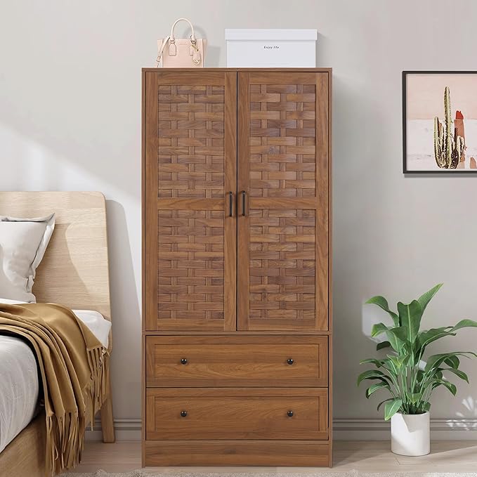 LEVNARY Armoire Wardrobe Closet with 2 Woven Doors, Wardrobe Cabinet with Storage Drawers and Hanging Rail, Freestanding Closets for Bedroom (Walnut)