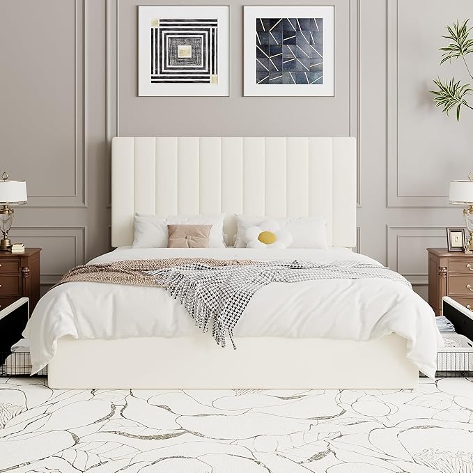 SHA CERLIN Queen Platform Bed Frame with 4 Storage Drawers, Vertical Channel Tufted Adjustable Headboard, Velvet Upholstered, Wooden Slats Support, No Box Spring Needed, Easy Assembly, Cream