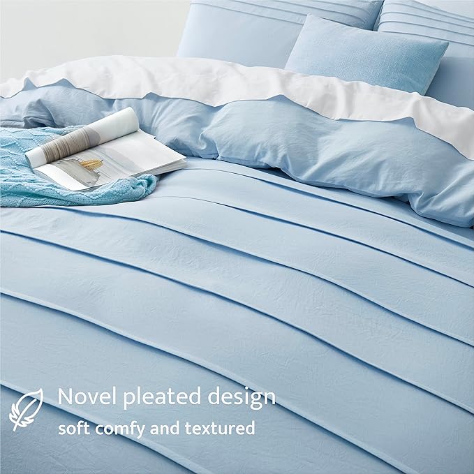 Oli Anderson Airy Blue Duvet Cover Queen Size - Pleated Queen Duvet Cover, 3PCS Soft and Breathable Textured Bedding Set with Zipper Closure(Airy Blue,90"x90")