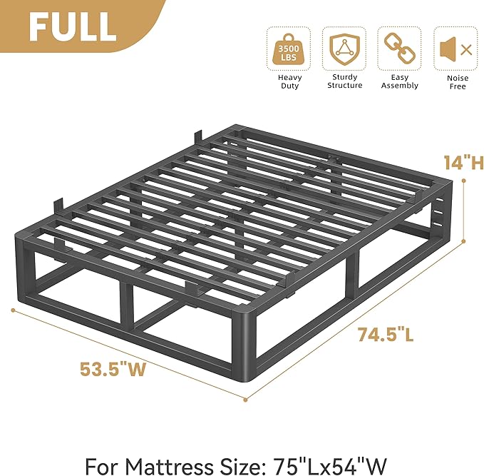 14 Inch Full Size Bed Frame with Rounded Corner and Headboard Hole, Metal Platform Bed Frames 6 Non-Slip Guards, 3500lbs Heavy Duty Steel Slat Support, Squeak Free, No Box Spring Needed, Black