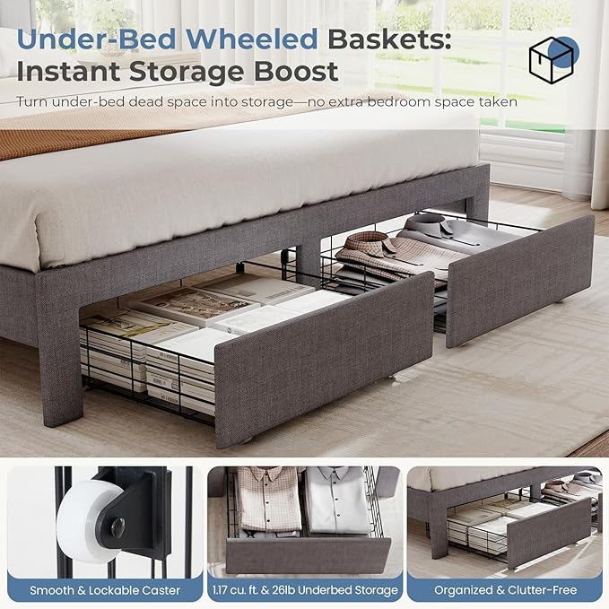DUMOS Queen Size Upholstered Platform Bed Frame, Queen Bed with Storage Drawers and Fabric Headboard, Wooden Slats Support, 882 lbs Weight Capacity, No Box Spring Needed, Easy Assembly, Gray