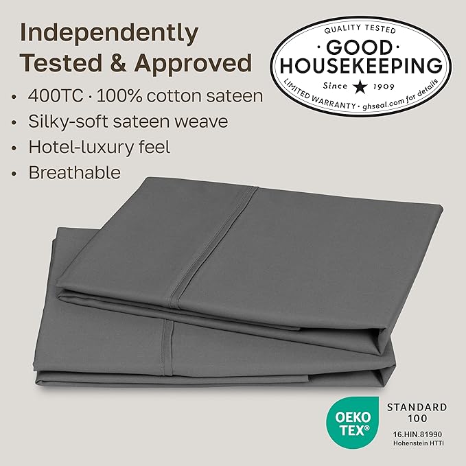 California Design Den Standard Queen Size Pillowcase Set - 400 Thread Count, 100% Cotton Sateen, Set of 2 Pillow Covers, Soft and Breathable - Grey Size