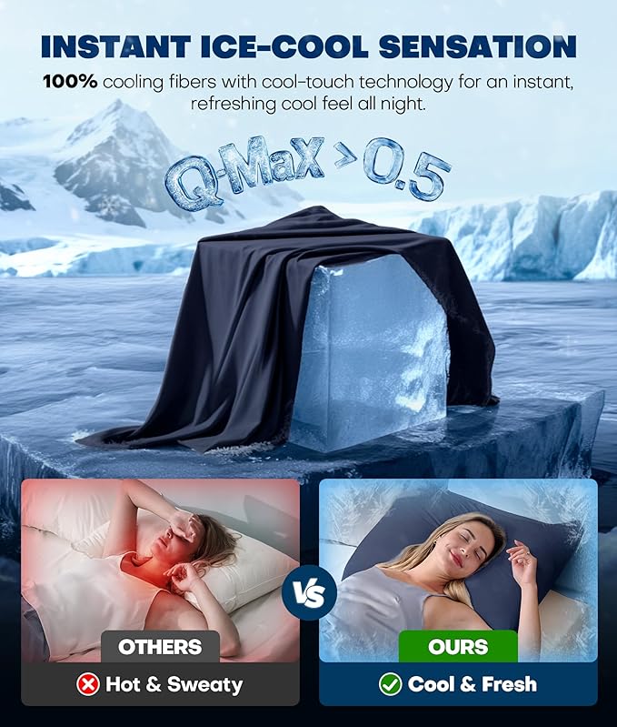 Ultra-Chill Cooling Pillowcase Set of 2 for Hot Sleepers, Softer Than Silk Pillow Cases for Protecting Hair & Skin, Breathable Bed Pillow Covers w/Zipper, Gifts for Women Men (Navy Blue, King)