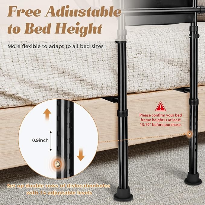Bedside Rail for Elderly Safety Adjustable Bed Aid with Storage Pocket, Non-Slip Handle,400 lbs Gravity Capacity (Stand-Compatible with Bed Frames 13.19" or Higher) (Black)