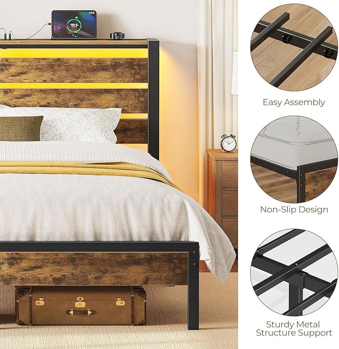 Rolanstar Bed Frame Twin Size with USB Charging Station, LED Bed Frame with Wood Storage Headboard, Rustic Brown Metal Platform Bed with Under Bed Storage, No Box Spring Needed, Noise Free