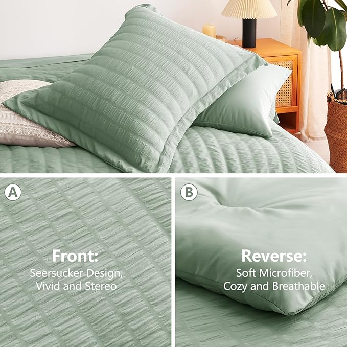 CozyLux King Size Comforter Set Sage Green Seersucker 7 Pieces Bed in a Bag King Comforter Set with Sheets, Luxury Bedding Sets with Down Alternative Comforter, Sheets, Pillowcases & Shams All Seasons
