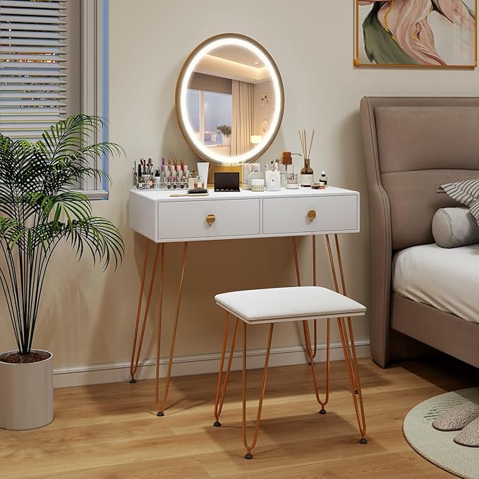 COSTWAY Vanity Desk with Mirror and Lights, Makeup Dressing Table Set w/ 3 Color Lighting Modes & Adjustable Brightness, Vanity Mirror with Desk and Stool for Bedroom Small Spaces (White)