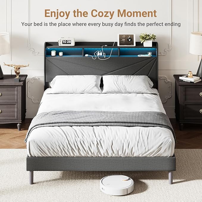 COLAMY Queen Bed Frame with Charging Station & LED Lights, Upholstered Headboard with 2-Tier Storage, Heavy Duty Metal Platform Bed with Wood Slats, No Box Spring, Noise-Free, Easy Assembly, Grey