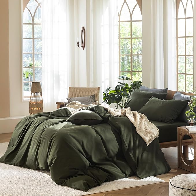 MooMee Bedding Duvet Cover Set 100% Washed Cotton Linen Like Textured Breathable Durable Soft Comfy (Solid Olive Green, Oversized Full 82"x86")