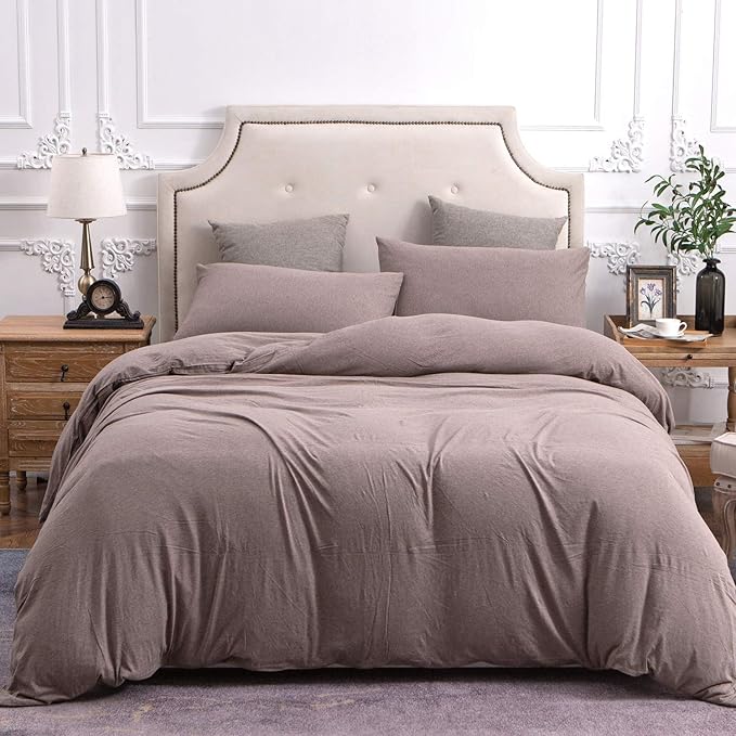 PURE ERA Jersey Knit Duvet Cover Set 100% T-Shirt Cotton Super Soft Comfy 3pc Bedding Set with Zipper Closure (Heather Brown, Queen)