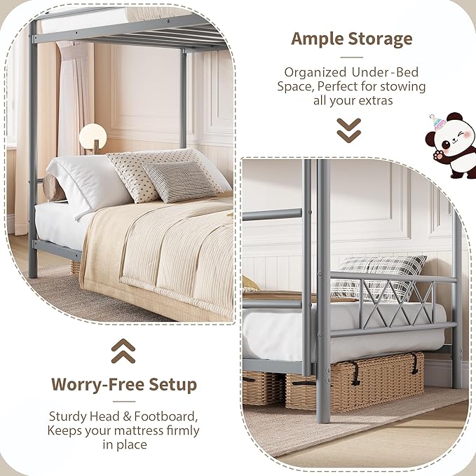 Garvee Bunk Bed Twin Over Twin with Extra High Guardrail, Heavy Duty Metal Frame & Sturdy Slats, No Box Spring Needed, Space Saver, Gray