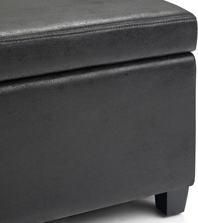 SIMPLIHOME Avalon Storage Ottoman Bench - 48" Wide x 16" High Upholstered Vegan Leather Rectangular Lift-Top Ottoman in Distressed Black, Contemporary Bench for Living Room with High-Density Foam