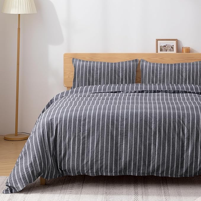 TOCOMOA Striped Duvet Cover Set 100% Natural Cotton Soft Comfy Breathable 3 Piece Grey and White Pattern Printed Comforter Cover Bedding Set (Queen 90"x90", Comforter Not Included)