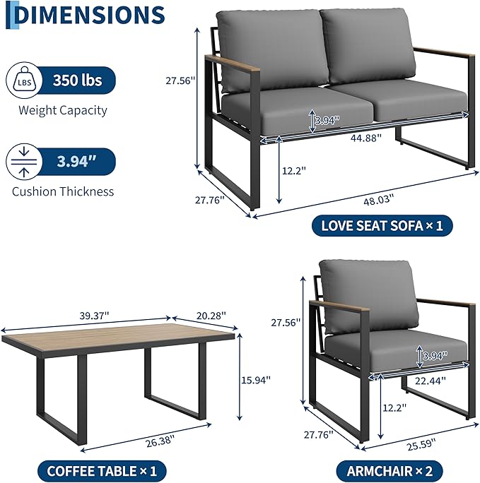 GarveeHome 4-Piece Aluminum Patio Furniture Set with Coffee Table, Outdoor Sectional Conversation Set with Washable High-Resiliency Sponge Cushions, Modern Metal Sofa for Poolside, Deck (Gray)