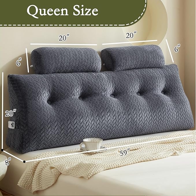 YOUR MOON Wedge Headboard Pillow Queen Size, Triangular Wedge Backrest Pillow with 1 Pack Neck Roll Pillows, Headboard Pillow for Bed,Daybed,and Lounging, Large Bed Bolster Pillows,Dark Gray