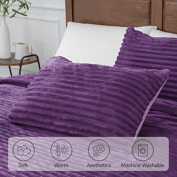 BEDELITE Fleece Queen Comforter Set -Super Soft & Warm Fluffy Purple Bedding, Luxury Fuzzy Heavy Bed Set for Winter with 2 Pillow Cases