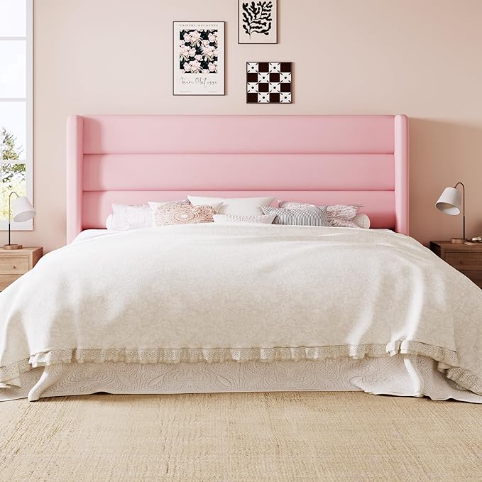 Allewie King Size Platform Bed Frame with Velvet Upholstered Wingback Headboard, No Box Spring Needed, Under Bed Storage Space, Strong Wooden Slats, Modern Mattress Foundation, Easy Assembly, Pink