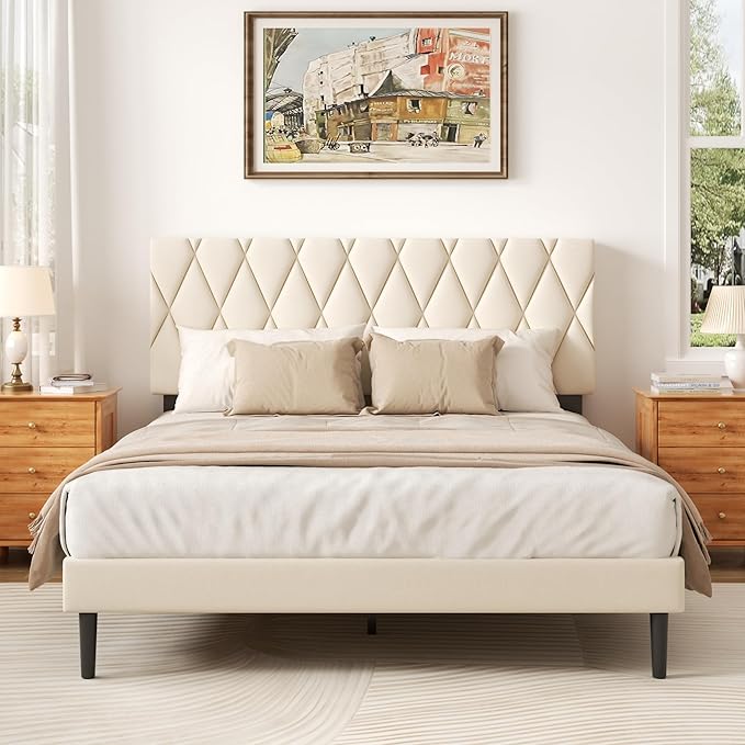CXVX Queen Size Bed Frame with Diamond Tufted Headboard, Velvet Upholstered Platform Bed and Wooden Slat Support, Noise-Free, No Box Spring Needed, Easy Assembly, Beige