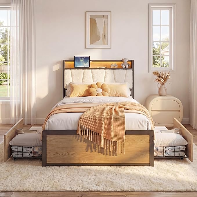 LIKIMIO Twin Bed Frames, DIY Storage Drawer Layout, Charging Station & LED Lights, Boucle Upholstered Platform Twin Bed Frame for Teen Rooms, Small Apartments & Bedrooms, Wood and Cream
