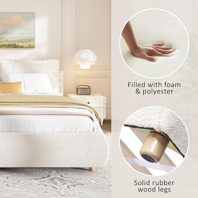 Merax Queen Size Boucle Fabric Upholstered Platform Bed with Two Removable Pillow Headboard, Wood Bed Frame with Solid Round Legs for Kids Teens Adults, White