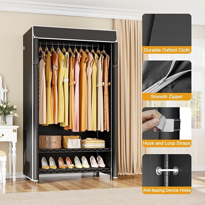 ULIFHOME H5C Clothes Rack with Cover, Portable Closet for Hanging Clothes, Covered Clothing Racks Heavy Duty, Garment Racks with Shelves, Max Load 360LBS, Black Closet Rack with Black Cover