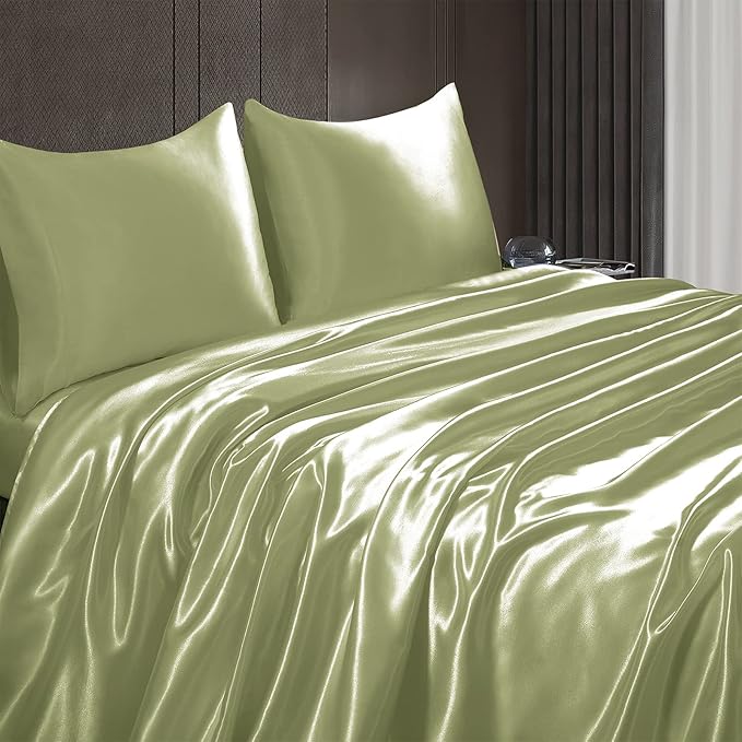 Homiest 4pcs Satin Sheets Set Luxury Silky Satin Bedding Set with Deep Pocket, 1 Fitted Sheet + 1 Flat Sheet + 2 Pillowcases (Queen Size, Sage Green)