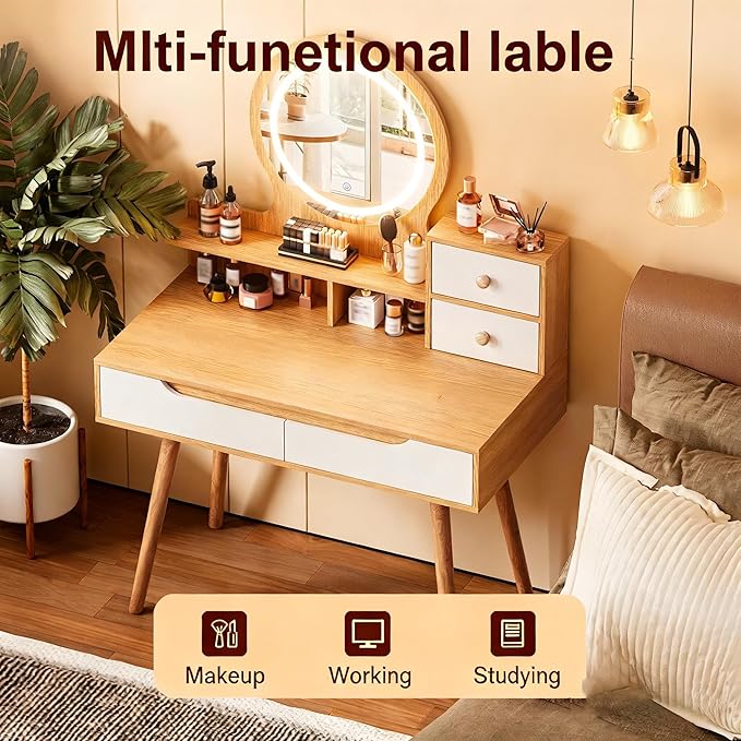 Casaphoria Makeup Vanity Desk with LED Mirror & Storage, 31.5 Inch Dressing Table with 4 Drawers, 3 Open Shelves, Solid Wood Legs for Bedroom, Small Space Vanity Table