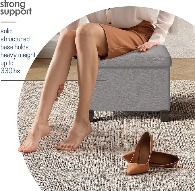 Storage Ottoman Cube with Small Bin, 16-in Square Ottoman with Storage for Living Room and Bedroom, Small Ottomans Foot Rest, Leather Foot Stools Ottomans Max 330lbs, Light Grey