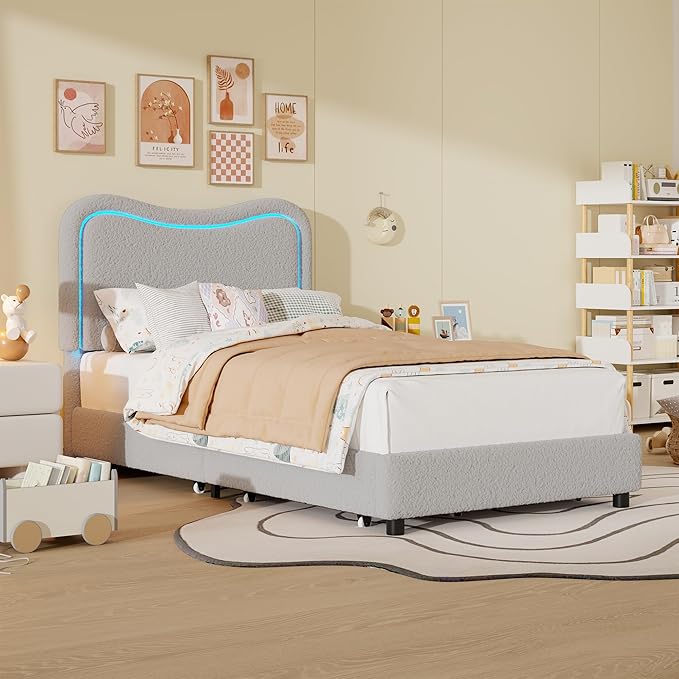 GarveeHome Upholstered LED Twin Bed Frames for Kids with 2 Drawers and Headboard, Cute Twin Bed with Storage for Girls, Boys, Sturdy Platform Bed, No Box Spring Needed, Wooden Slats, Noise Free, Grey