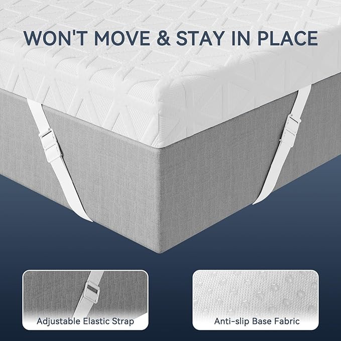 ELEMUSE 3 Inch Gel Memory Foam Mattress Topper King - Cooling Ice Silk Removable & Washable Cover, Mattress Topper for Back Pain Relief, Adjustable Strap & Non-Slip, CertiPUR-US Certified