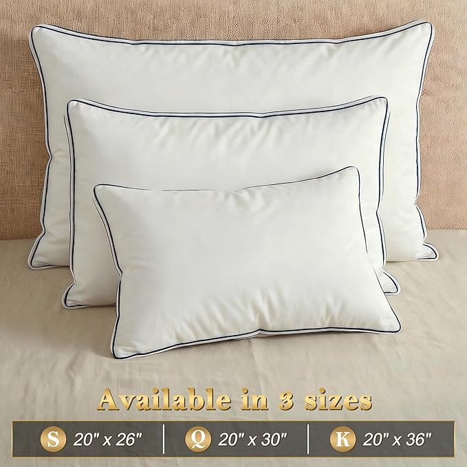 Feather Pillows Standard Size Set of 2 Goose Down Pillows with 100% Breathable Cotton Cover, Hotel Collection Bed Pillows for Sleeping, Soft Support for Back, Stomach and Side Sleepers