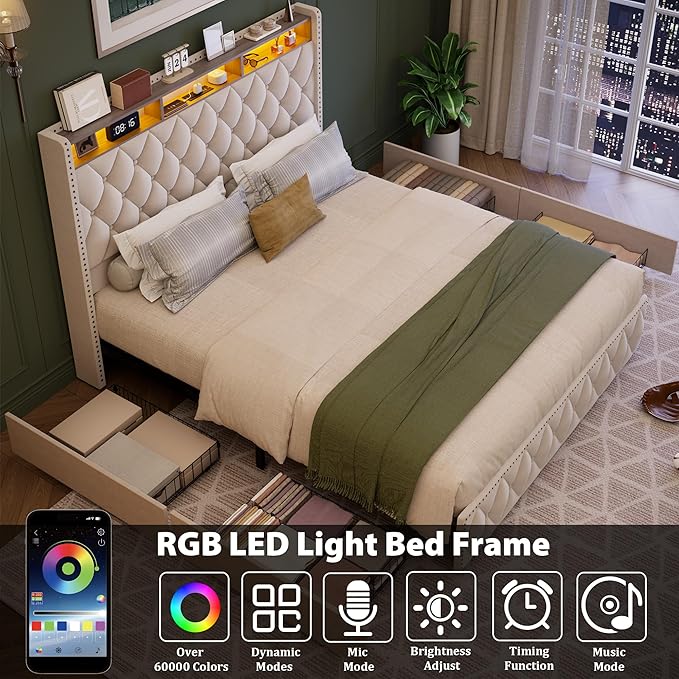 GarveeHome Queen Bed Frame with 50.8 in Tall Headboard, Platform Velvet Upholstered Bed Frame with 4 Storage Drawers, USB Charging Station, Led Lights, No Box Spring Needed, Easy Assembly, Beige