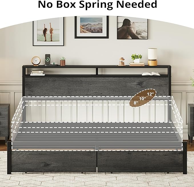 LIKIMIO California King Bed Frame with Storage Headboard, Platform Bed with Drawers and Charging Station, No Box Spring Needed, Easy Assembly, Charcoal Grey