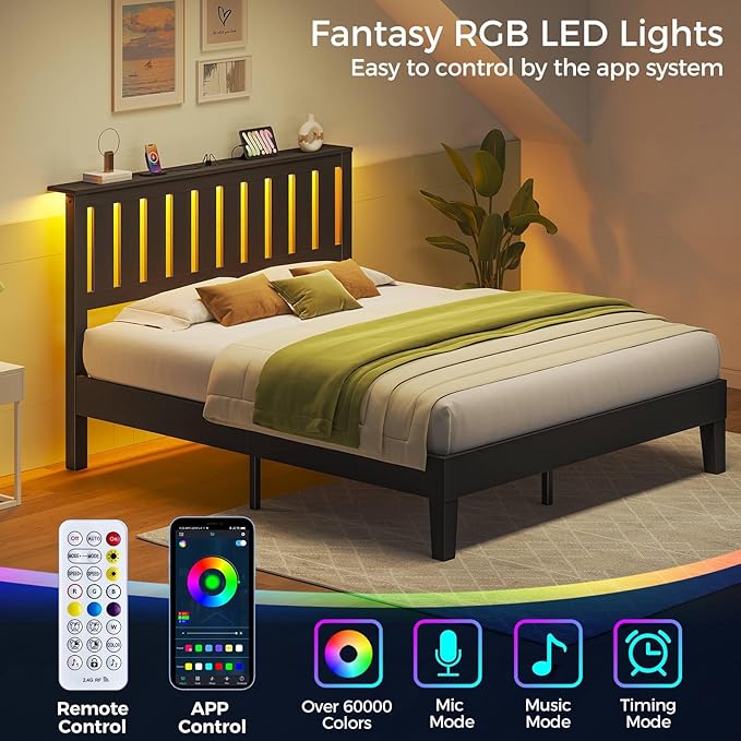 Rolanstar Queen Bed Frame with Headboard, Built-in USB & Type-C Charging, RGB LED Lights, 800LBS Wood Slat Support, Under-Bed Storage, No Box Spring Needed, Easy Assembly, Black