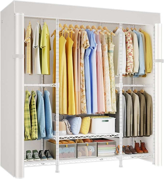 ULIFHOME E3C White Clothes Rack with Beige Cover, Heavy Duty Freestanding Garment Rack, Metal Closet System Storage Organizer for Clothing, Holds up to 850 lbs, 59.5" W x 16.5" D x 77.4" H