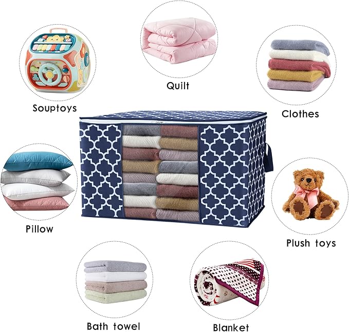 WISELIFE Storage Bags, Large Blanket Clothes Organization and Storage Containers for Bedding, Comforters, Foldable Organizer with Reinforced Handle, Clear Window,Sturdy Zippers,(Blue, 2 x 100L)