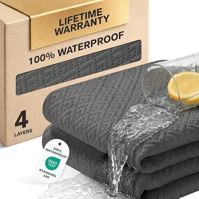 100% Waterproof King Mattress Protector - 360 Pad Protection Against Spills, Stains & Accidents for Parents & Pet Owners - Noiseless & Cooling Viscose Made from Bamboo (Gray)