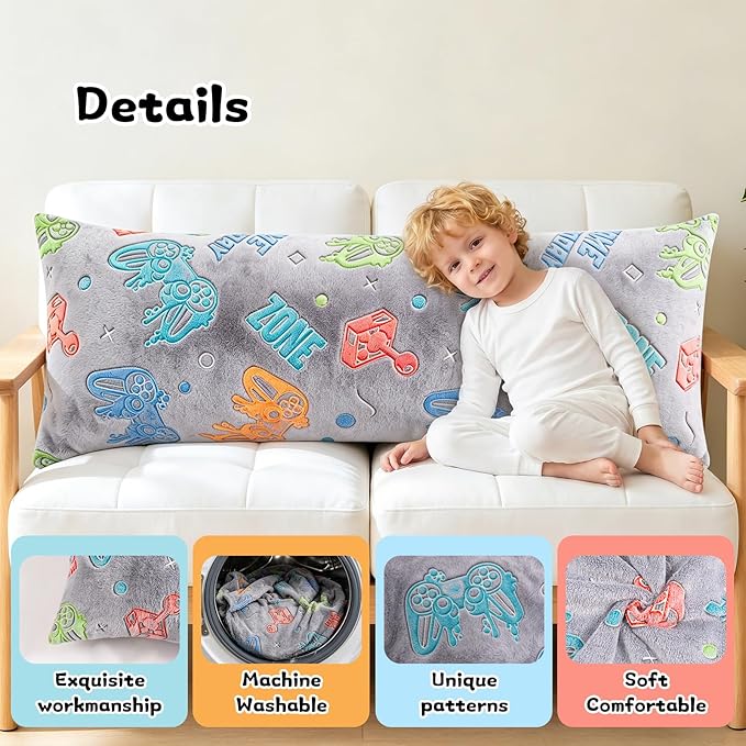 Cloele Body Pillow Cover Glow in The Dark Long Pillow Cases Full Length Pillow Case - 21x54 inches Grey Game Controller Ultra Soft Body Pillowcase for Kids Boys Decorative Body Pillow Pillowcases