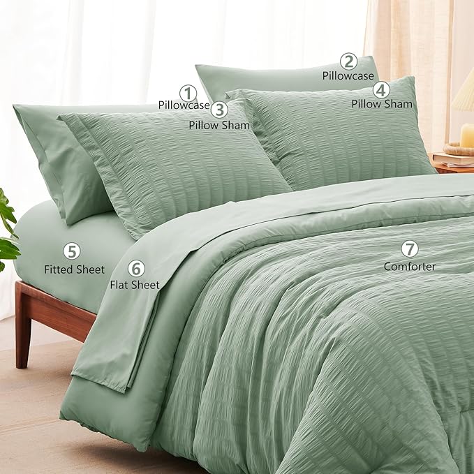 CozyLux Full Size Comforter Sets with Sheets 7 Pieces, Sage Green Seersucker Bed in a Bag Textured Luxury Soft Bedding Sets with Down Alternative Comforter, Sheets, Pillowcases & Shams for All Seasons