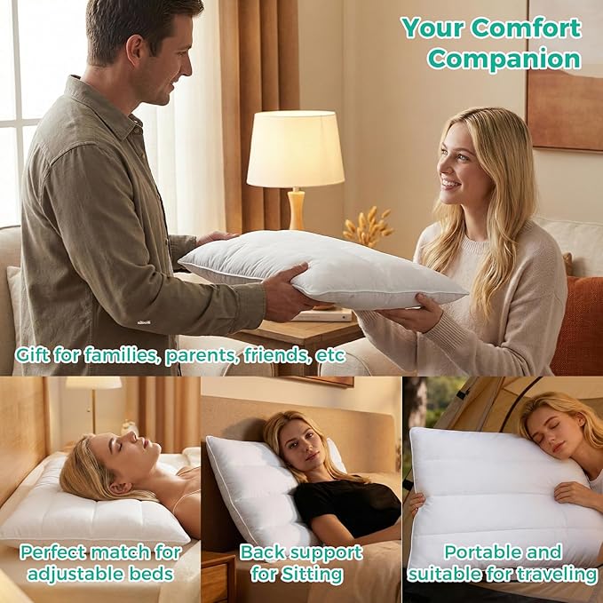 Three Geese Luxury Thin Flat Goose Feather Down Pillows Queen Size Set of 2, 2.5" Height, 100% Organic Cotton Cover, Medium Firm Hotel Collection Ultra Slim Thin Bed Pillows, Machine Washable