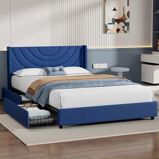 VECELO Queen Bed Frame Upholstered Platform with 4 Drawers&Fabric Headboard,Wooden Slats Support/No Box Spring Needed/Mattress Foundation,Dark Blue