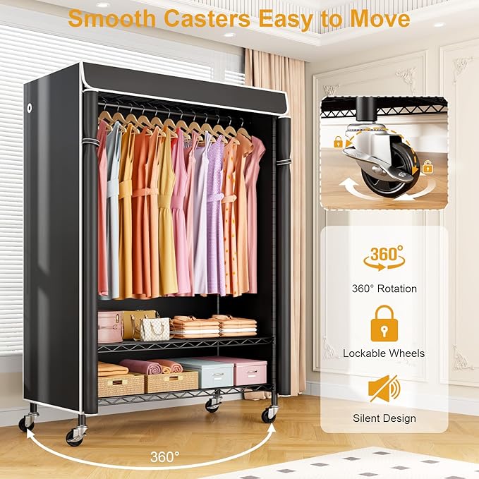 ULIFHOME P6C Plus Rolling Clothes Rack with Cover, Covered Clothing Rack Heavy Duty, Portable Closet for Hanging Clothes, Garment Rack on Wheels, Black Closet Rack with Black Cover, Max Load 375LBS
