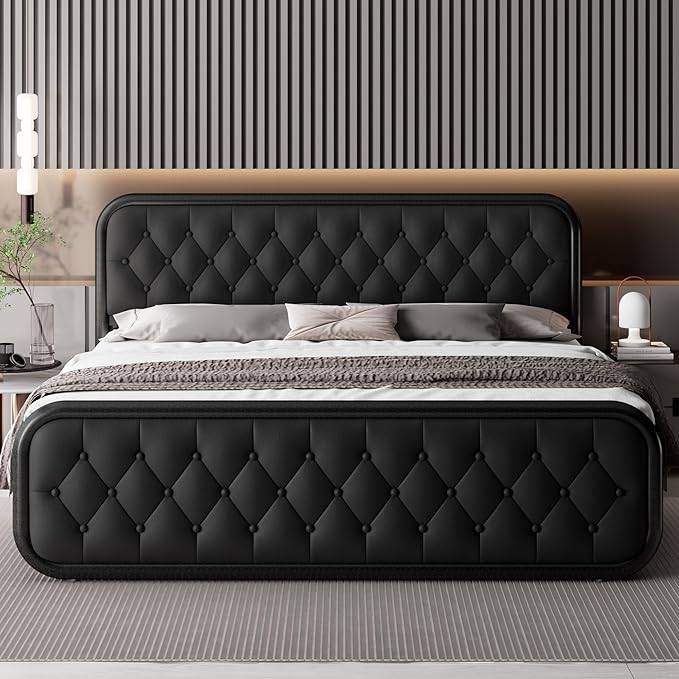 Feonase King Size Bed Frame, Upholstered Bed Frame with Faux Leather Headboard, Heavy Duty Platform Bed with Strong Metal Slats, 12 Inch Under-Bed Storage, Noise-Free, Easy Assembly, Black