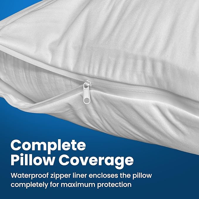 100% Stain Resistant & Waterproof Standard Size Pillow Protectors with Zipper Set of 2 - Bed Bug & Dust Mite Proof White Pillowcases - Breathable, Comfortable Covers for Pillows, 21 x 27 Inches