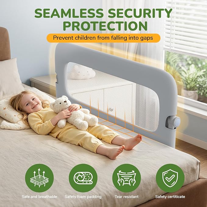 Bed Guard Rail for Toddlers - 47" Adjustable Heights & Folding up Portable Bed Railing for Baby - Toddler Bed Rails Guard for Crib, Twin, Bunk,Full Size, Queen & King Bed(Grey)