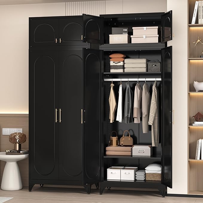 86" Metal Wardrobe Cabinets,Black Armoire Wardrobe Closet with Hanging Rod,Clothes Storage Cabinet with Adjustable Shelves and Doors,Clothing Cabinet for Bedroom, Office, Laundry Room