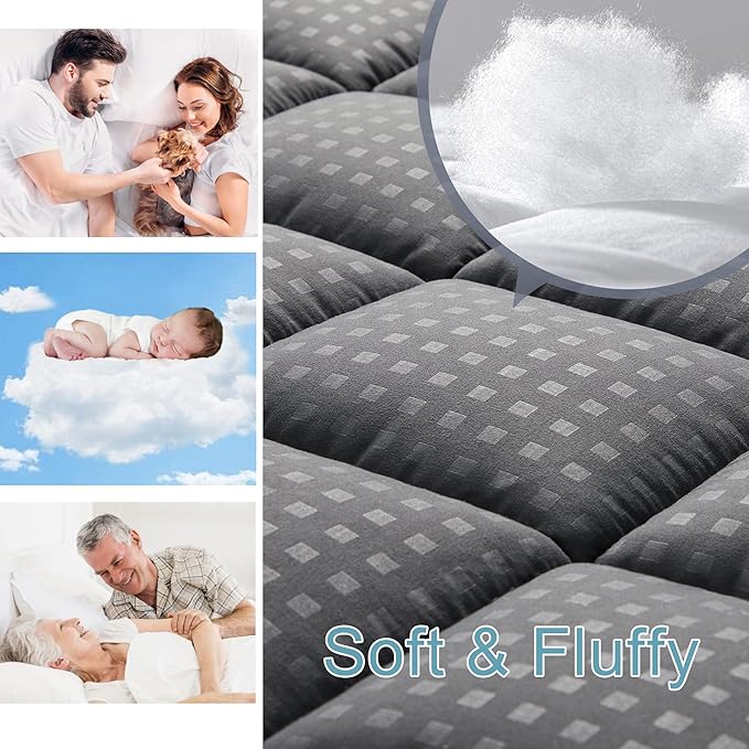 HYLEORY Full Mattress Pad Quilted Fitted Mattress Protector Cooling Pillow Top Mattress Cover Breathable Fluffy Soft Mattress Topper with 8-21" Deep Pocket, Dark Grey